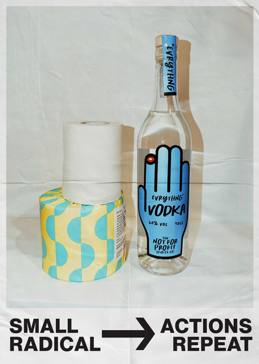 EVRYTHNG vodka bottle with 'Small Radical Actions Repeat' message - supporting climate action